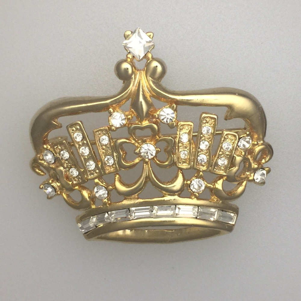 Gold Tone Crown Brooch with Rhinestones